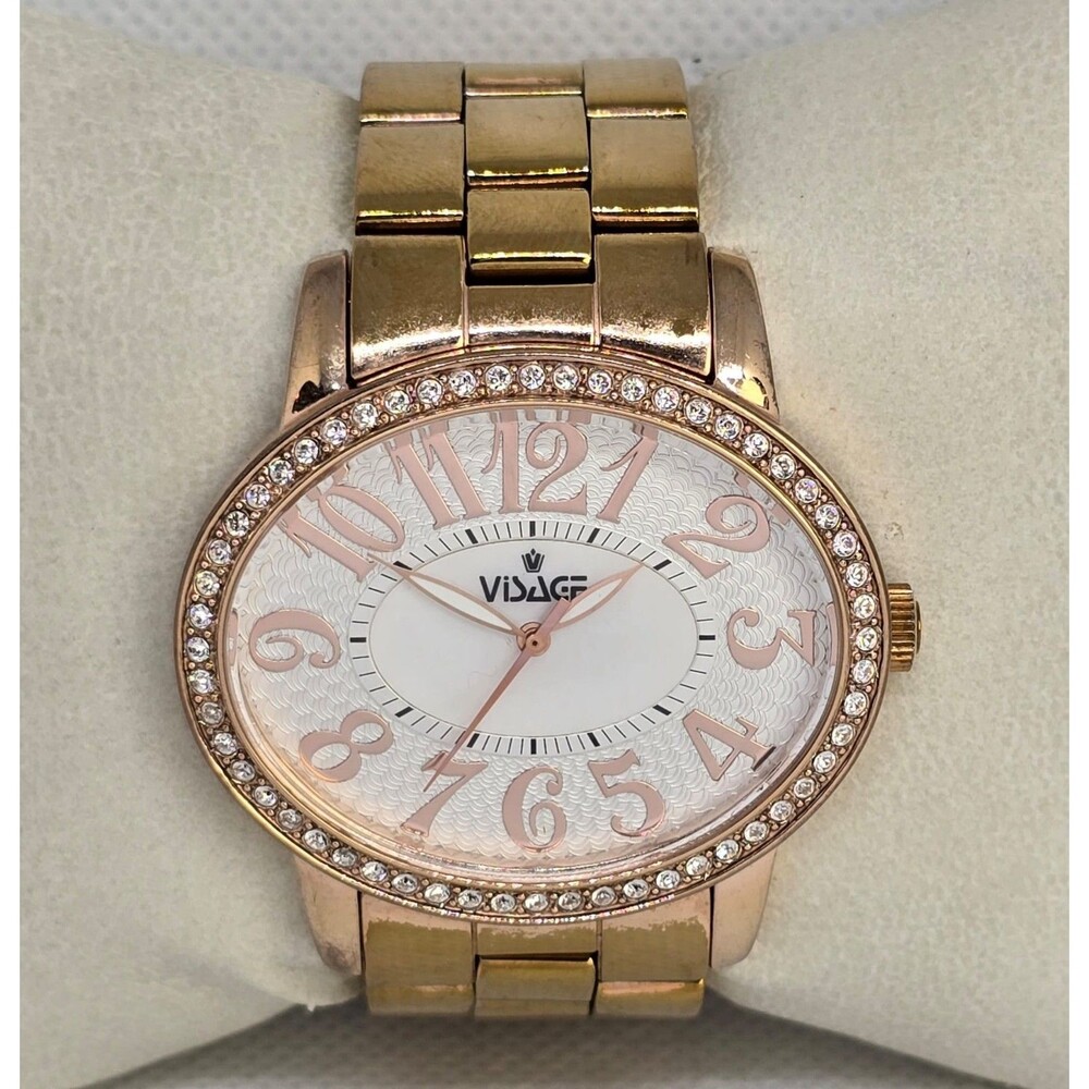 Women's Visage Oval Textured Dial Gold Tone Rhinestone Bezel Bracelet Watch 04